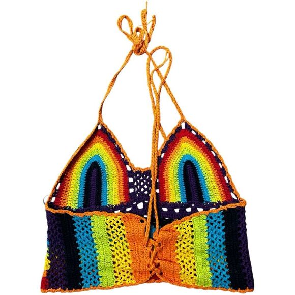 Multicolored Rainbow Halter Cropped Top Size S Hand made Y2K Retro Hippie - Picture 2 of 7